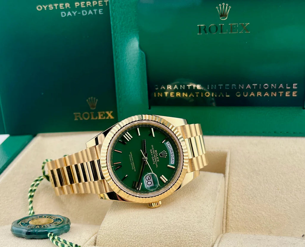 Rolex Day-Date 40mm 228348RBR Green Dial Diamond Bezel 2022 Full Set
