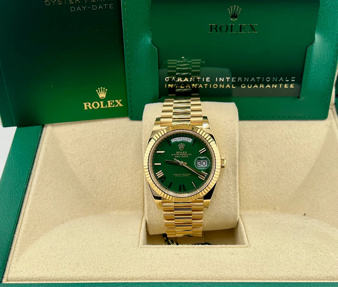 Rolex Day-Date 40mm 228348RBR Green Dial Diamond Bezel 2022 Full Set