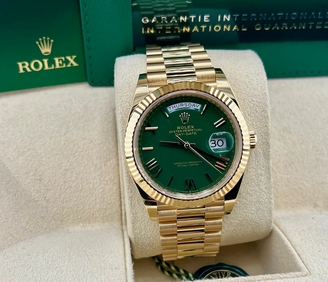 Rolex Day-Date 40mm 228348RBR Green Dial Diamond Bezel 2022 Full Set